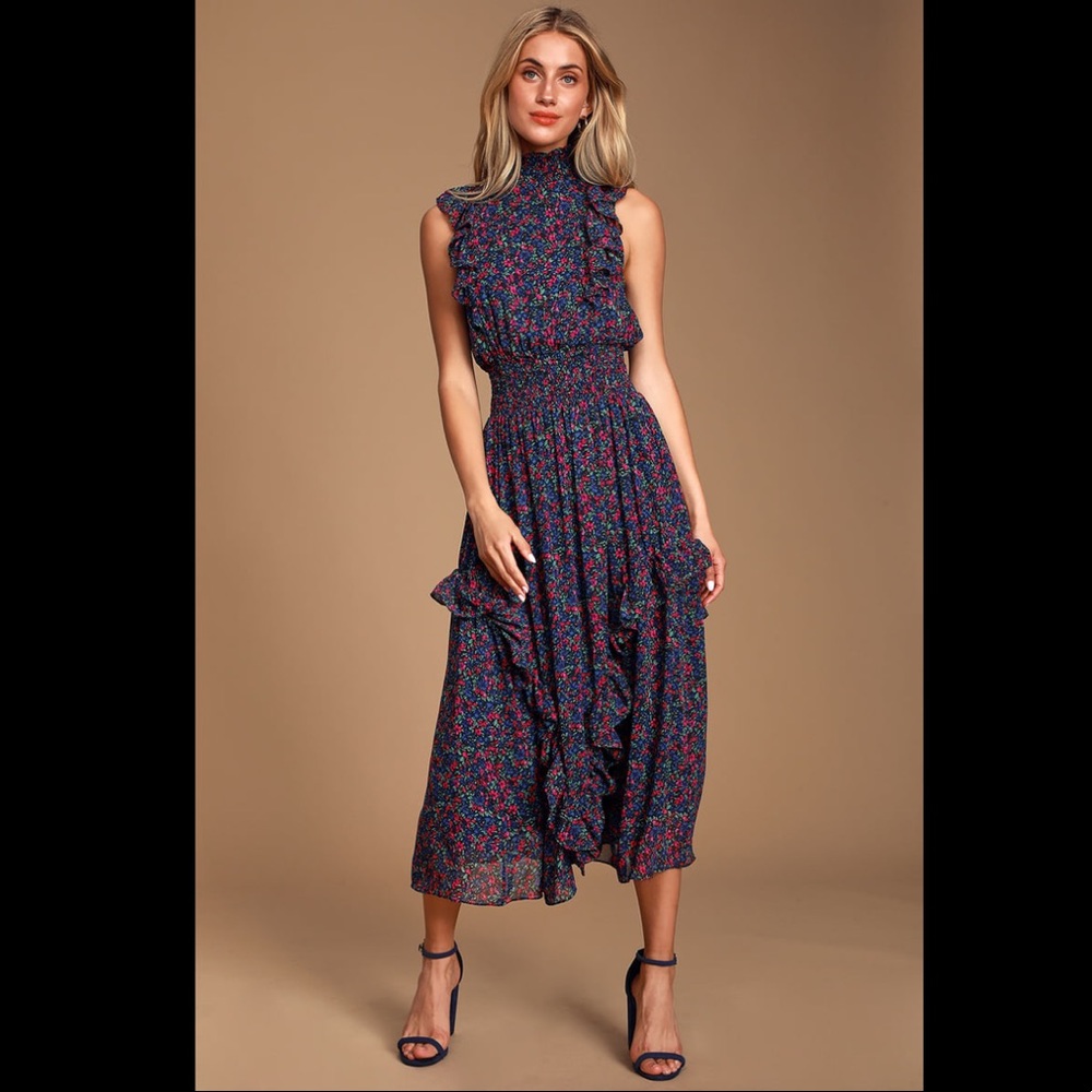 NWT Lulu’s Evalina Navy Blue Floral Print Mock Neck Midi